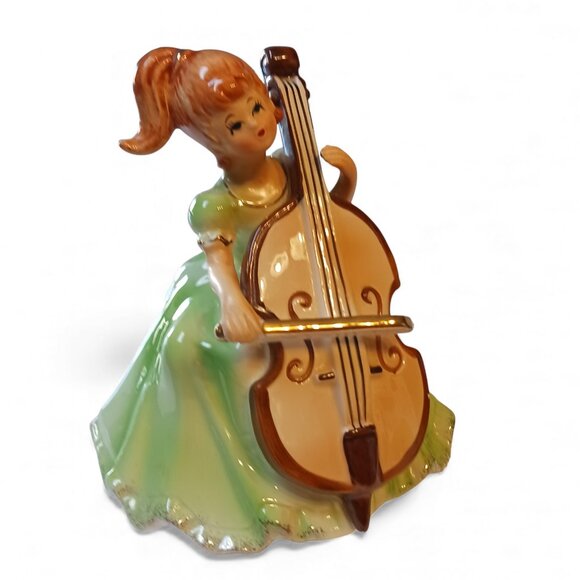 Vintage 1970s Porcelain Music Box Figurine Girl with Double Bass | Made in Japan - Picture 2 of 11